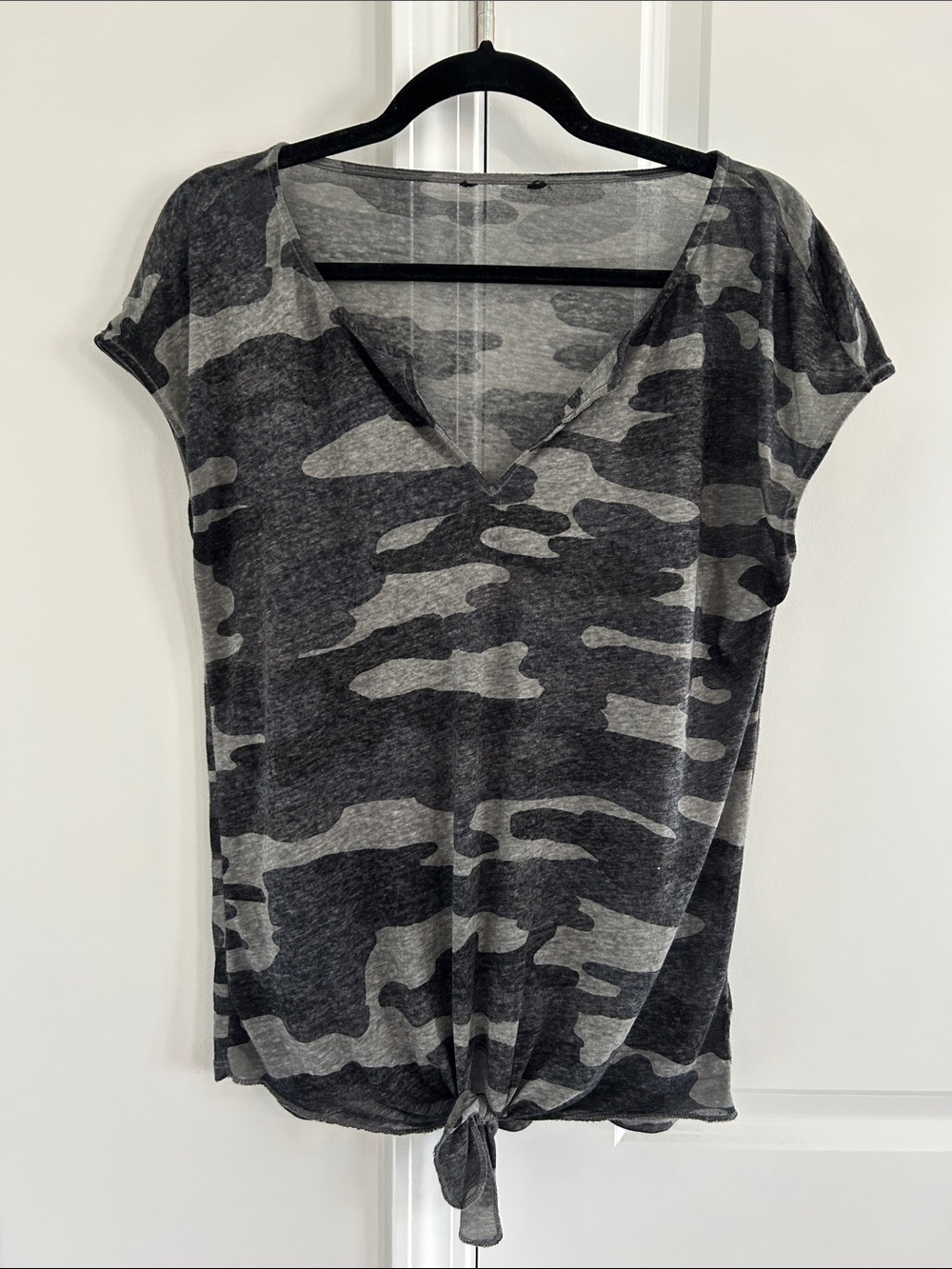 Women's Gray Camo V-Neck Tie-Front Jersey Top